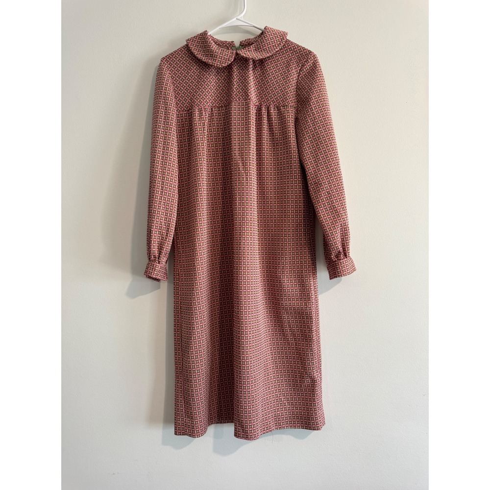 Vintage Geometric Knit Peter‎ Pan Collar Dress Womens small Pink Olive Mod Retro